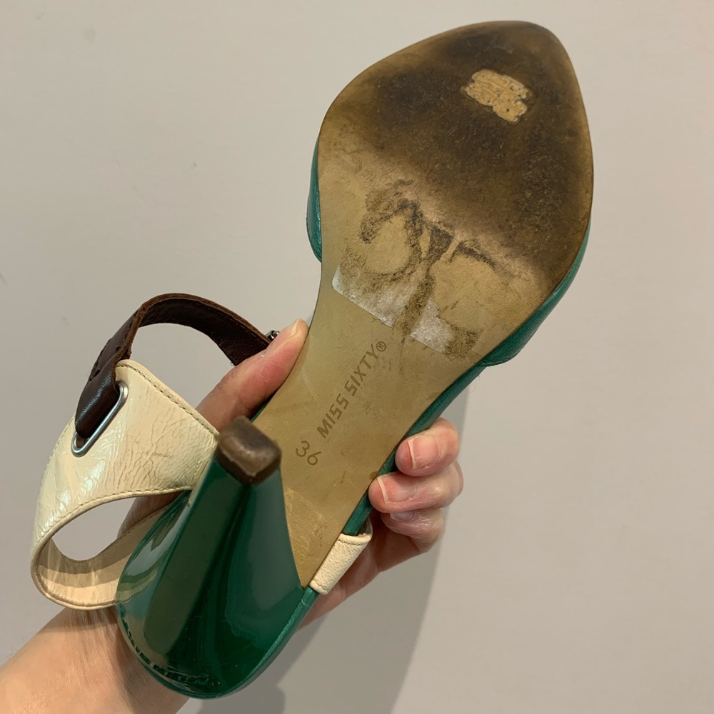 Vintage Style Green Pointed Toe Heels Ankle Strap Colorblock Pumps Size 6 - Picture 2 of 15